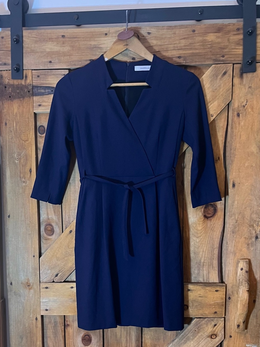 Marella Navy Blue Wrap-Style Belted Dress – 3/4 Sleeve